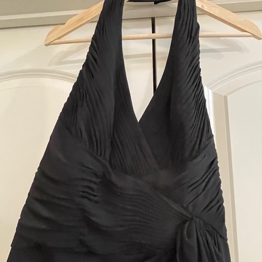 David’s Bridal V-Neck Black Halter Maxi dress with pleated and ruffle detail. - Picture 4 of 12